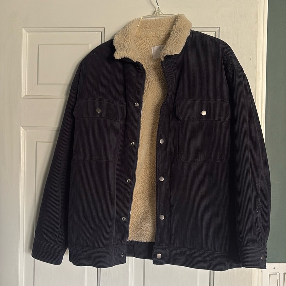 Zara corduroy sherpa-lined jacket, navy, kids size 11-12